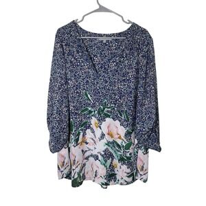 Daniel Rainn Cottagecore Plus Size 3X Floral Botanical Top Roll Tab Artsy Blue